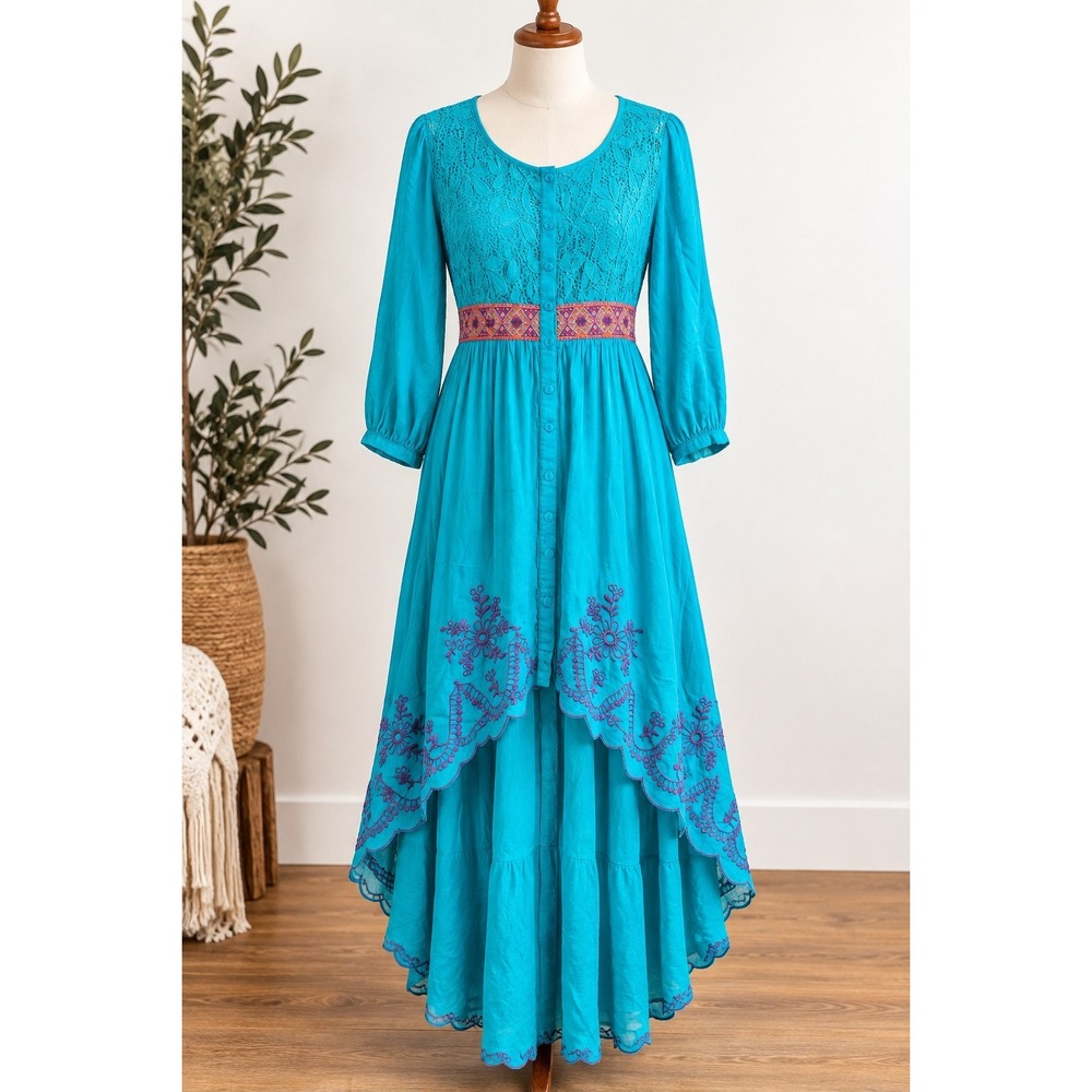 Flying Tomato Divine Maxi Dress L Turquoise Lace Embroidered Boho High Low NWT